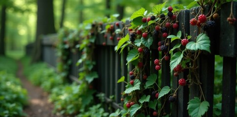 Blackberry vines crawling up a black wooden fence, rustic, blackberries, forest floor