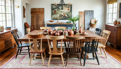 Fototapeta premium A cozy dining room featuring a wooden table, mismatched chairs, and rustic decor elements, evoking charm and warmth. Natural textures and earthy tones dominate the scene, enhancing its inviting ambian