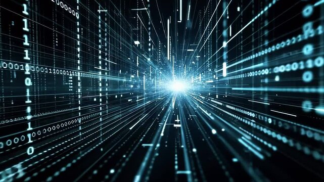 Digital data stream with glowing light source, illustrating technology and virtual connectivity