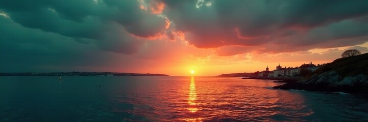 Naklejka premium Fading light on Dublin's coastline at dusk with boats, sea, horizon, green