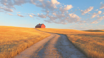 Obraz premium Winding dirt road leading to red barn in countryside wheat fields under vast blue sky rural farm nature landscape in golden sunlight