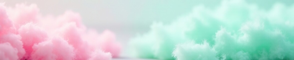Pastel pink and mint green blended colors form a subtle gradient behind fluffy cotton candy tufts, puffy, subtle gradient, mint