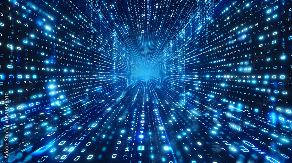 Poster abstract representation of digital data flow in a futuristic blue tunnel with glowing binary code