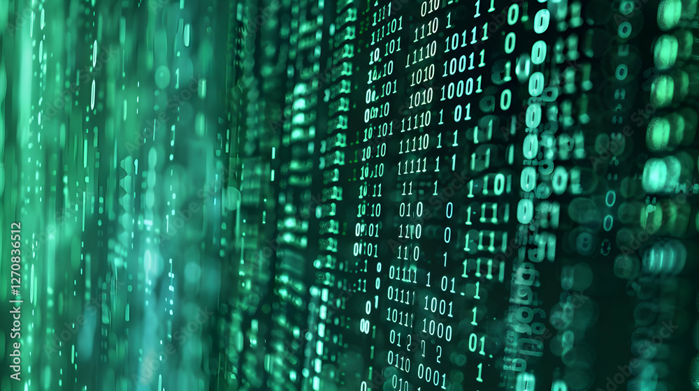 Poster abstract digital background featuring cascading binary code in vibrant green hues, symbolizing data 