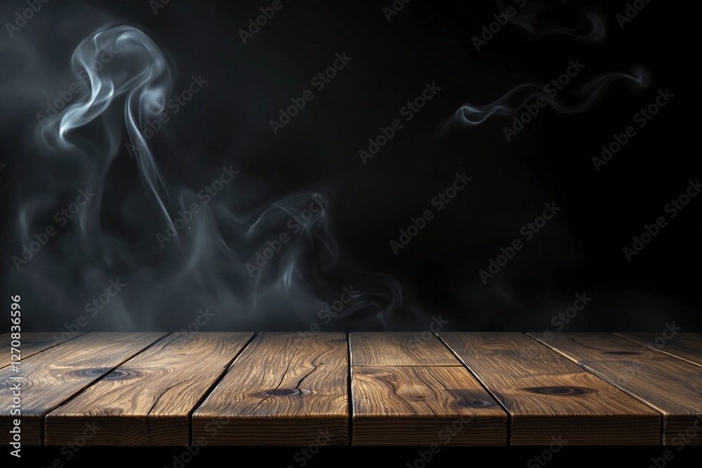 Poster smoky wooden table background with dark backdrop.