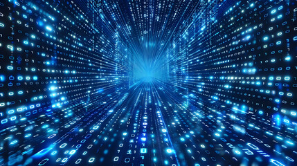 Naklejka premium Abstract representation of digital data flow in a futuristic blue tunnel with glowing binary code