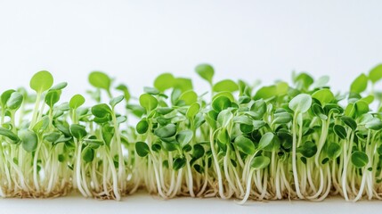 Fresh microgreens growing in rows on a white surface displaying vibrant green leaves and delicate roots