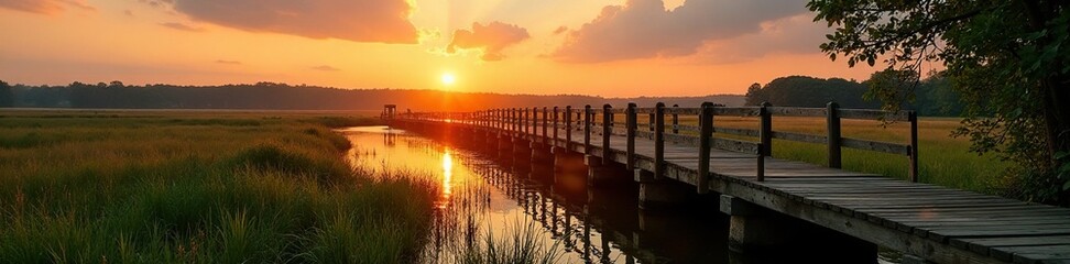 Wooden bridge is adorned with vines as it spans wide marsh at sunset, natural, peaceful