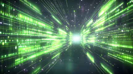 Fototapeta premium Stream of Green Light Speeding Through Space with Geometric Data Pattern and Light Flare at End