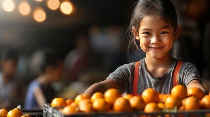 Cheerful Young Girl Displaying Fresh Oranges in a Market Setting, Capturing Joy and Vibrancy of Childhood