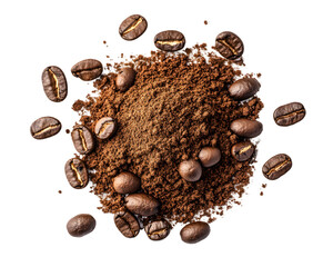 Overhead close-up of dark brown coffee grounds surrounded by roasted coffee beans on a transparent background