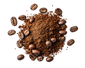 Overhead close-up of dark brown coffee grounds surrounded by roasted coffee beans on a transparent background