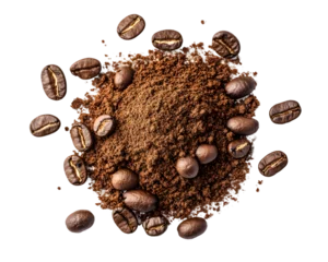 Overhead close-up of dark brown coffee grounds surrounded by roasted coffee beans on a transparent background © CrystallineCreative