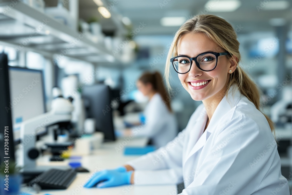 Poster smiling female scientist working in modern laboratory.