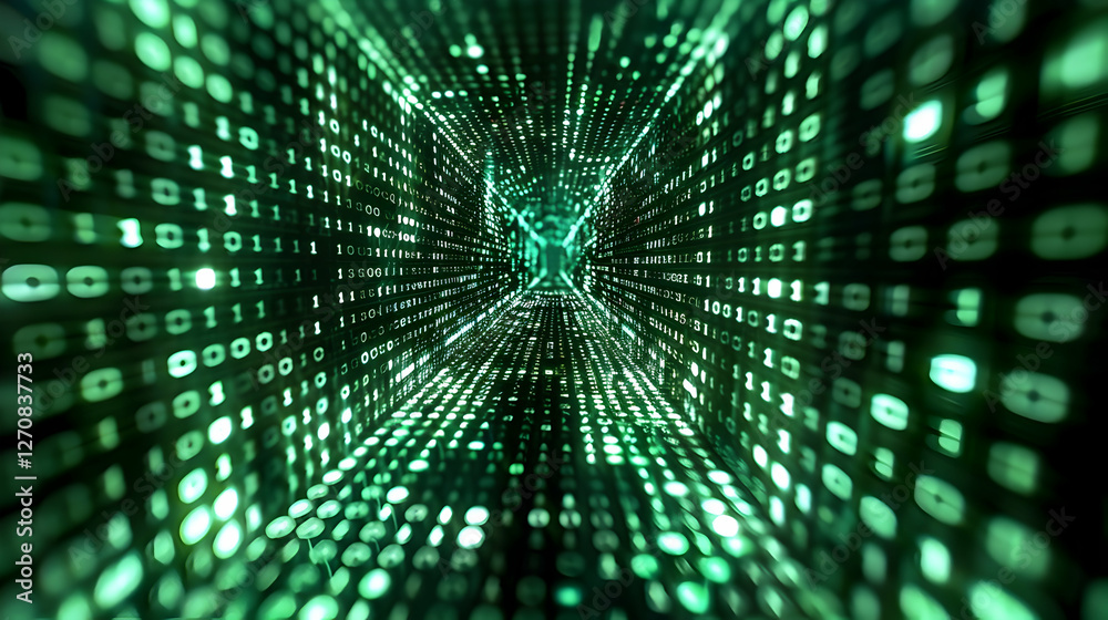 Poster futuristic digital tunnel filled with green binary code, symbolizing data flow and technology