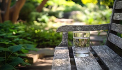 A water glass resting on a weathered wooden bench in a tranquil garden