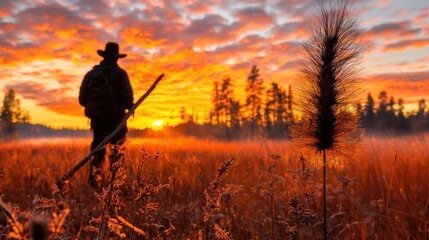 Sunrise hiker, misty bog, autumnal forest, peaceful dawn