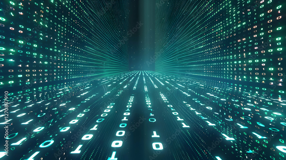 Poster digital landscape with flowing binary code creating a futuristic tunnel effect, representing technol