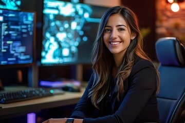 Fototapeta premium Portrait of a young Hispanic professional business woman in a high-tech workspace with innovative design – Confident digital leader using modern gadgets