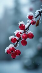 Icy red berries cling to a frosty winter tree branch, freeze, evergreen, bare branches