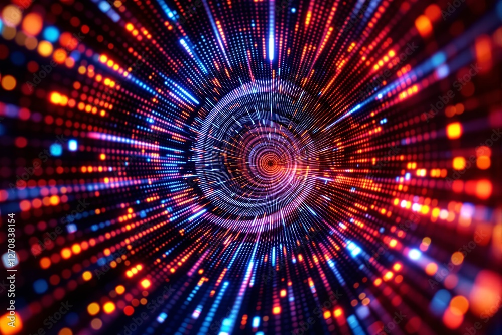 Poster abstract circular light tunnel with colorful neon hues on a black background.