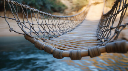 A handmade bamboo bridge with uneven slats and tightly woven rope railings, suspended above a peaceful, glass-like water surface