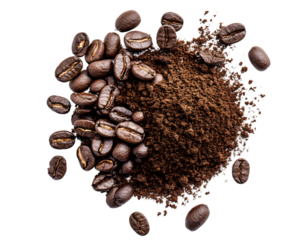 Dark brown coffee beans and ground coffee on a transparent background.  High-key lighting emphasizes texture