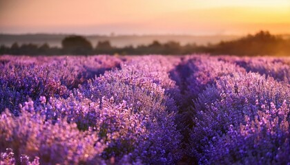 Obraz premium A scenic view of a lavender field at sunset, stretching into the horizon with a golden sky.