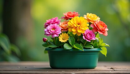 Colorful flowers blooming in small plastic container, plants, springtime