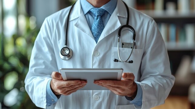 A male doctor of European descent in a white coat holds a tablet, ready to assist patients. The setting looks professional and modern with a blurred background.