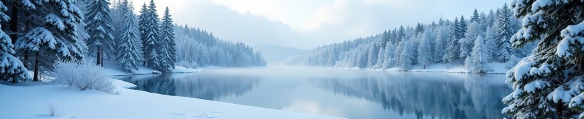 Fototapeta premium Winter forest with snow-covered trees and a frozen lake, forest, landscape