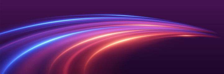 Fototapeta premium Moving speed at the speed of light. Dynamic neon lines.