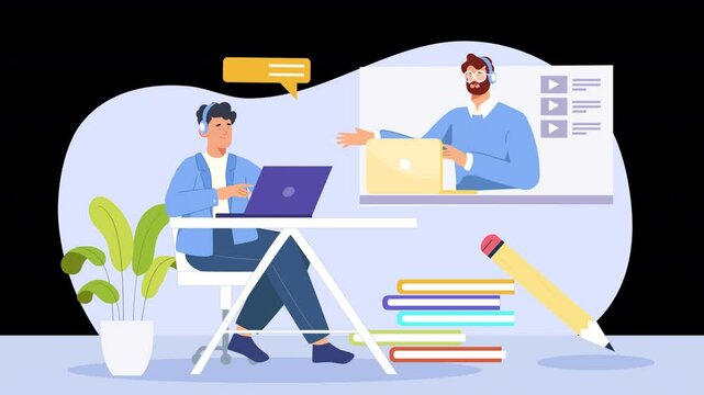 Vector scene animation highlighting online learning, with visuals of students attending virtual classes, taking notes, and engaging in digital education.