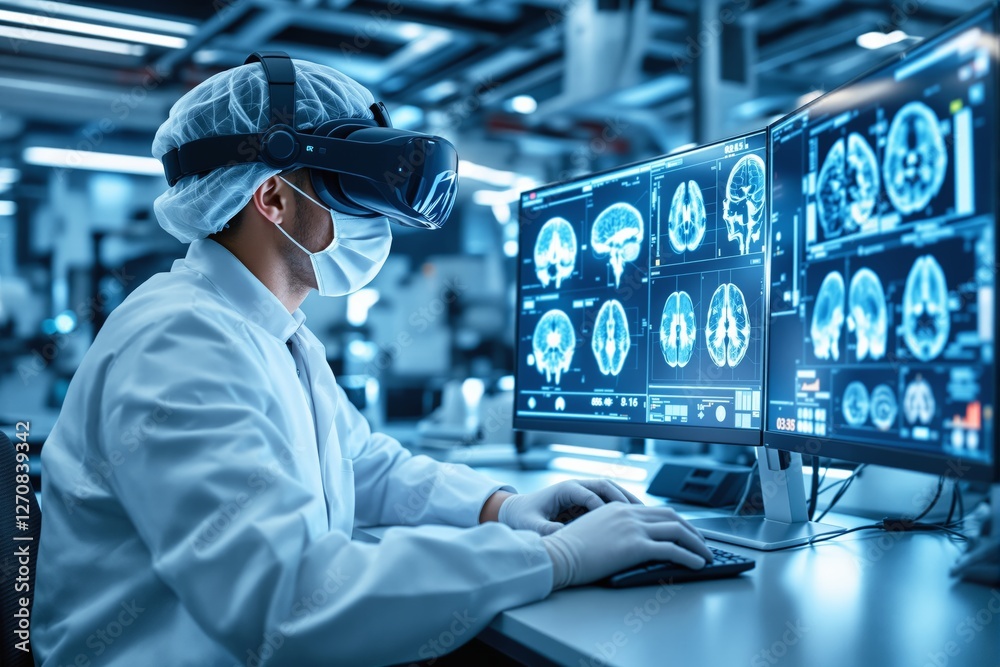 Poster doctor using vr headset analyzing brain scans on computer screens in futuristic medical laboratory.