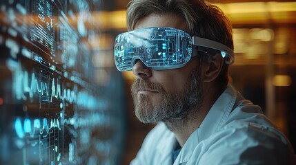 A european male scientist wearing advanced VR glasses, observing digital data on a holographic screen in a high-tech laboratory setting.