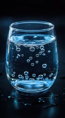 A water glass with bubbles rising inside captured with dramatic lighting on a dark background