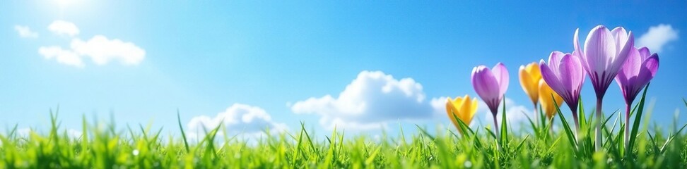 Obraz premium Crocus Vernus against a backdrop of blue sky and green grass, flowers, vernus, spring