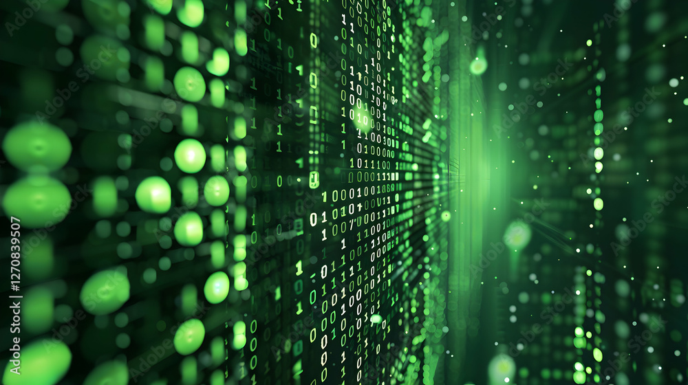 Poster abstract representation of green binary code flowing in a digital landscape with depth