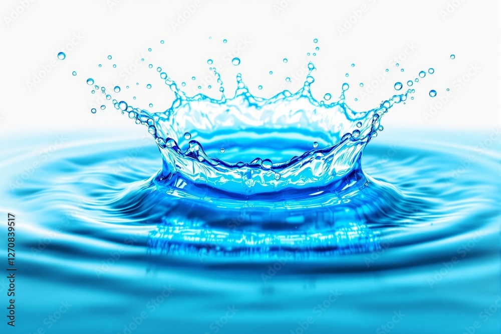 Poster splash of blue water creating ripples and droplets under bright light in a creative style on a white