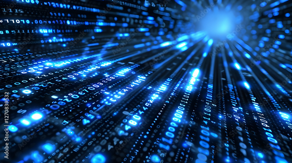Poster abstract digital data stream with glowing blue binary numbers converging towards a bright center