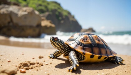 Obraz premium Turtle basking under sunlight on sandy beach, nature's beauty