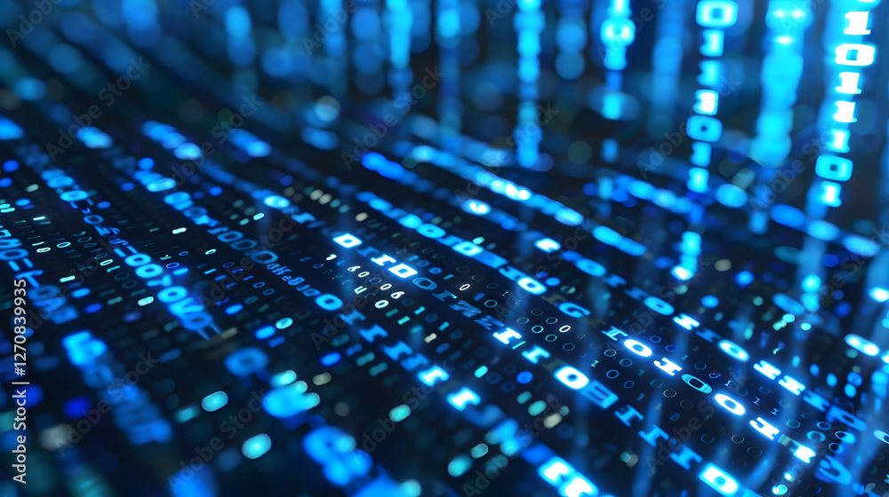 Poster abstract representation of flowing binary code in blue tones, symbolizing digital data movement