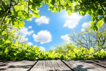 Spring leaves frame sunny sky; wood table; nature background