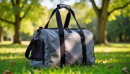 Stylish pet carrier bag resting on grass in sunny park, travel convenience