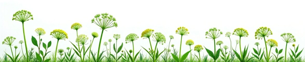 Fototapeta premium White background with dill weed in umbel formation, nature, garden, white