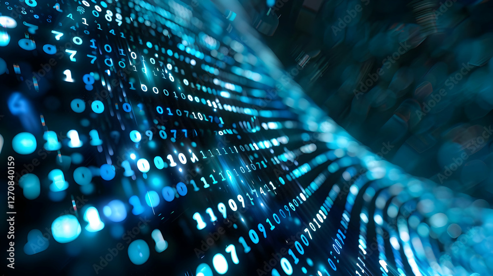 Poster abstract representation of flowing binary code in a digital landscape with blue hues