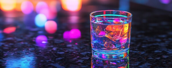 A water glass with vibrant neon reflections placed on a black granite countertop