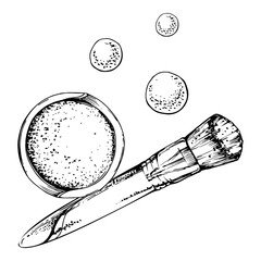 Make-up paint palette powder blush eye shadow and thick brush applicator, detailed line vector ink sketch, hand drawn isolated composition. Beauty parlor salon illustration, packaging, cosmetics shop