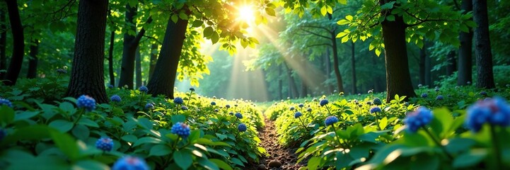 Obraz premium Dappled sunlight filtering through the canopy of a northern highbush blueberry thicket, forest, landscape