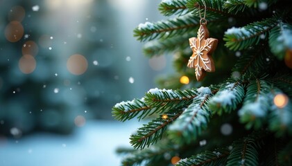 Evergreen tree with snowflakes falling on branches, Christmas tree cookies pine tree, evergreen trees, tree ornaments